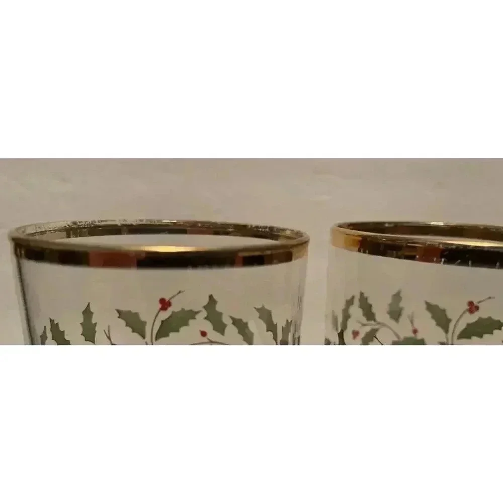 Lenox Holly & Berry Holiday Tall Glass Gold Trim Set Of 2  6.25”H x‎ 2 7/8”W